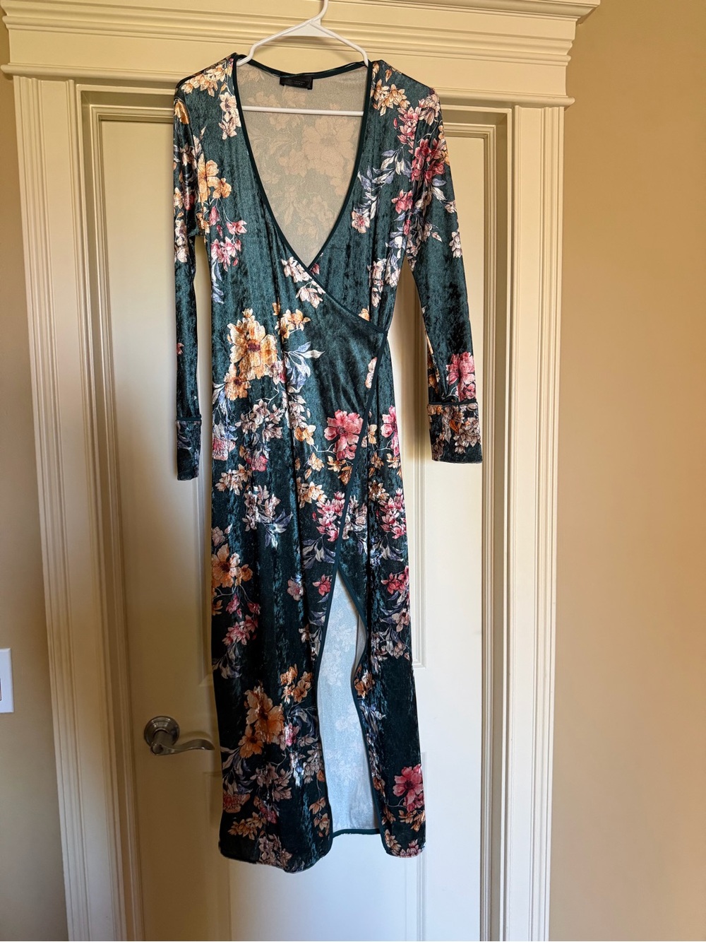 Zara Dark Green Floral Velvet Midi Wrap Dress
